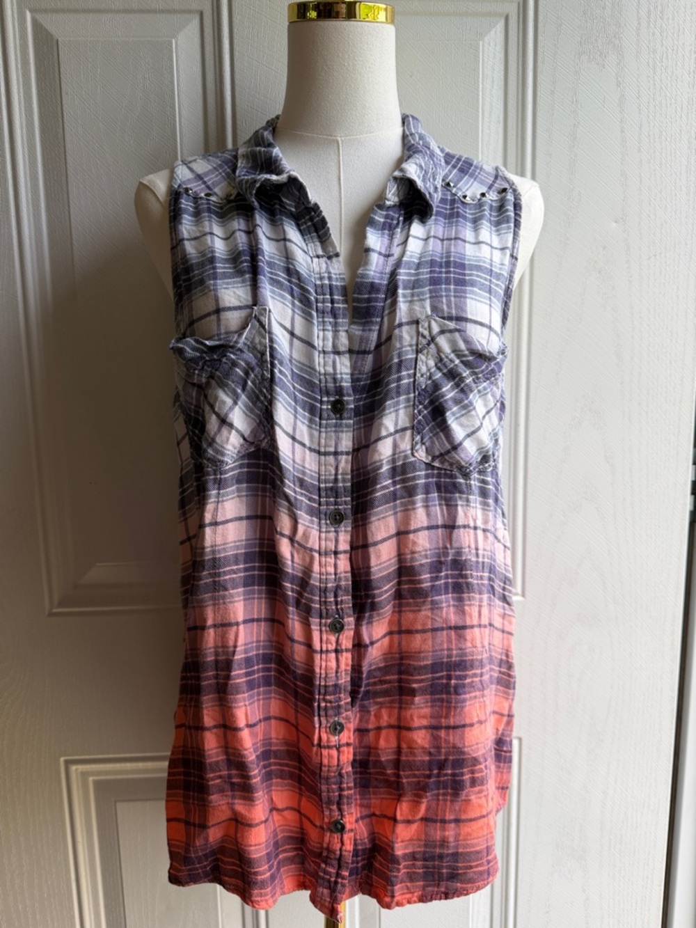 Rock & Republic Purple White Plaid Festival Y2K Sleeveless Studded Button Shirt